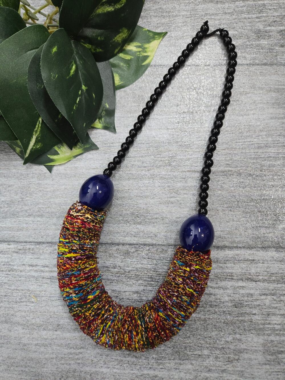 African multicolor fabric & beaded necklace